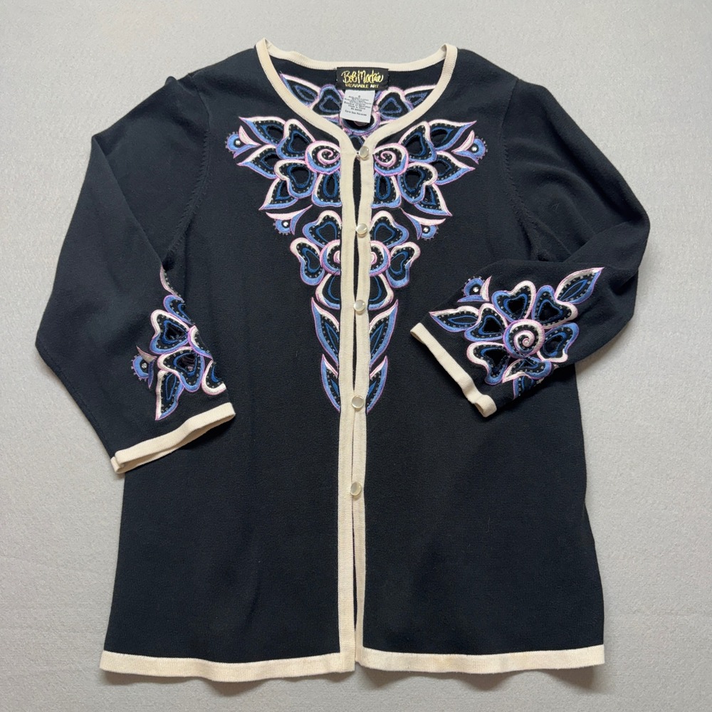 Bob Mackie Wearable Art Black Floral Embroidered Beaded Cardigan Small